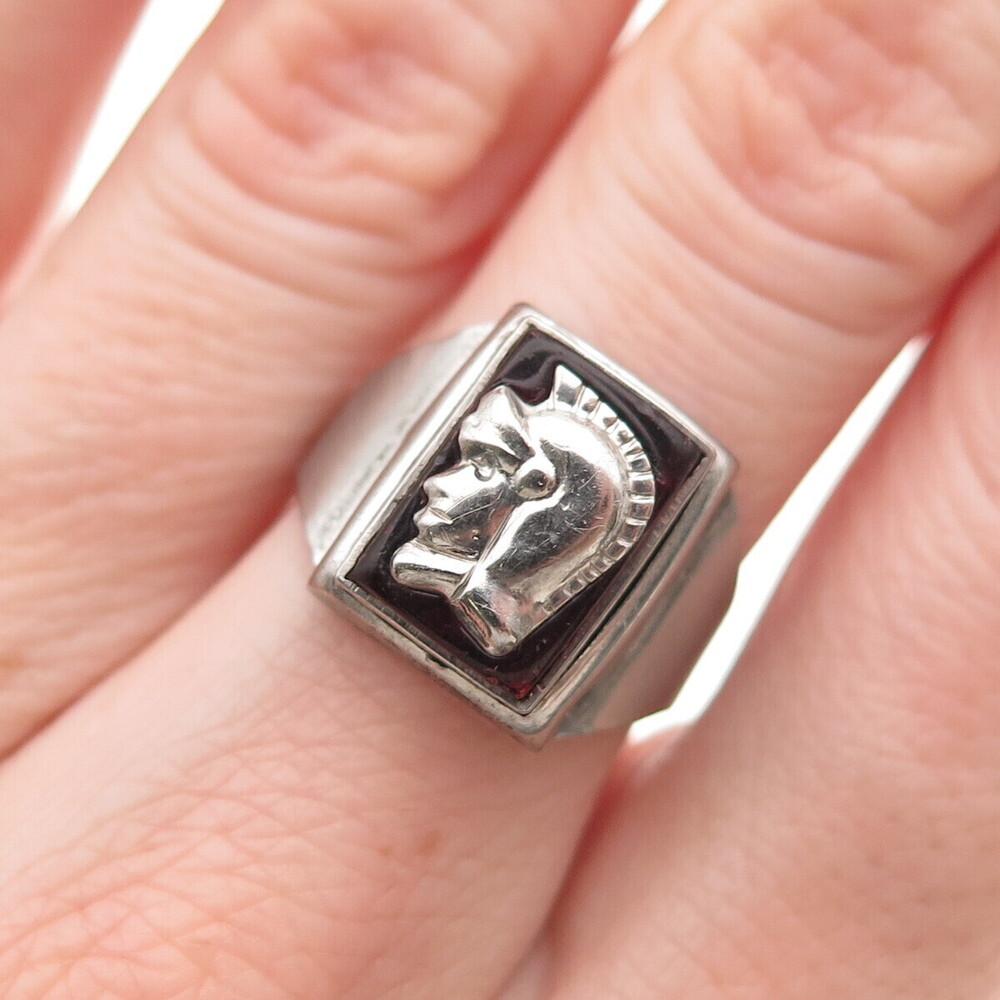 Silver-Tone Antique Art Deco Enamel Roman Warrior Ring Size 6.5